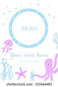 Greeting card. Baby new born. Congratulation with newborn. Underwater life.