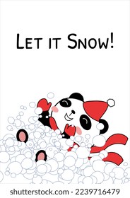 Greeting card with baby panda lying in snowdrift vector illustration. Doodle panda bear character wearing Santa hat. Let it snow. Flat style