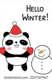 Greeting card with baby panda and snowman vector illustration. Doodle panda bear character wearing Santa hat. Hello winter. Flat doodle style