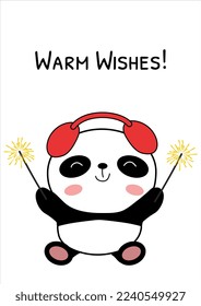 Greeting card with baby panda with sparklers in paws vector illustration. Doodle panda bear character wearing earmuffs. Warm wishes 