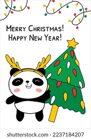 Greeting card with baby panda and xmas tree vector illustration. Doodle panda bear character with reindeer antles. Merry Christmas Happy New Year
