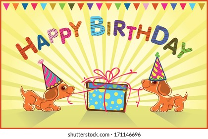 greeting card for baby. Puppies open gift.