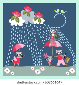 Greeting card or baby shower invitation template with cute raccoons family, funny monkey and cheerful birds in the rain.