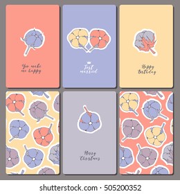 Greeting card with back side. Vector. Cotton flowers