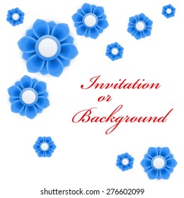 Greeting card or background with blue flowers and space for text. Vector Illustration isolated on white background.