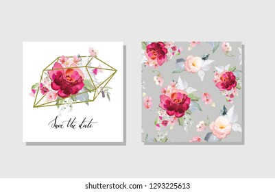 Greeting card and background with bouquets of flowers.  A set of vector illustrations in a watercolor style.