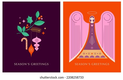 Greeting card background with Christmas angel and Xmas decorative elements. Colorful vector illustration in flat geometric cartoon style