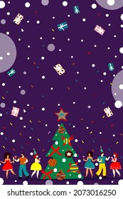 Greeting card background. Employees at the corporate party celebrate the new year.Women,men hold glasses,  sparklers in their hands. Christmas tree,  toys. Fireworks,confetti,snow in the  sky.