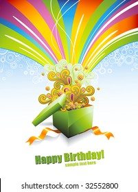 greeting card or background with gift-box and rainbow-colored swirls