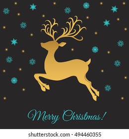 Greeting card background with gold jumping reindeer and Christmas decorations.