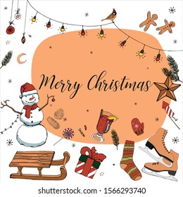 greeting card background with images of attributes of winter holidays in warm colors