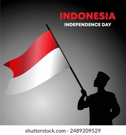 greeting card, background of Indonesian independence day, silhouette of youth waving the flag 