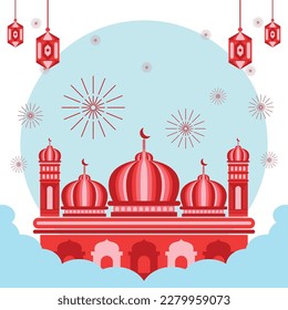 greeting card background with islamic feel modern style,simple retro design,moon,dome and mosque