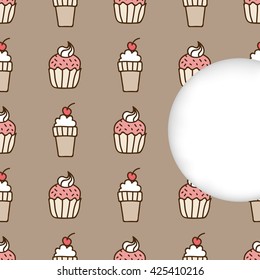 Greeting card background. Paper cut out, white shape with place for text. Frame with seamless pattern. Seamless summer background. Hand drawn pattern. Cake and ice cream cone with a cherry on top