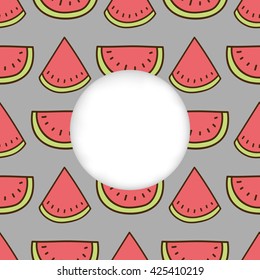 Greeting card background. Paper cut out, white shape with place for text. Frame with seamless pattern. Seamless summer background. Hand drawn pattern. Bright and colorful watermelon backdrop