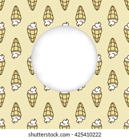 Greeting card background. Paper cut out, white shape with place for text. Frame with seamless pattern. Seamless summer background. Hand drawn pattern. Bright and colorful ice cream cone backdrop