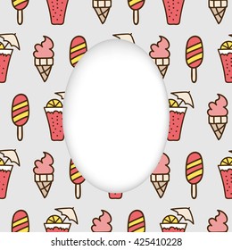 Greeting card background. Paper cut out, white shape with place for text. Frame with seamless pattern. Seamless summer background. Hand drawn pattern. Bright colorful cocktail and ice cream backdrop