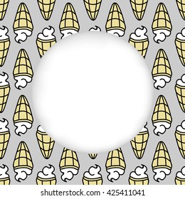 Greeting card background. Paper cut out, white shape with place for text. Frame with seamless pattern. Seamless summer background. Hand drawn pattern. Bright and colorful ice cream cone backdrop
