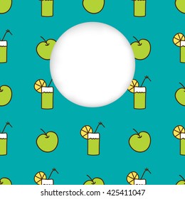 Greeting card background. Paper cut out, white shape with place for text. Frame with seamless pattern. Seamless summer background. Hand drawn pattern. Bright colorful green apple and cocktail backdrop