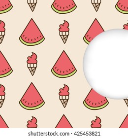 Greeting card background. Paper cut out, white shape with place for text. Frame with seamless pattern. Seamless summer hand drawn pattern. Slices of watermelon and watermelon ice cream cone