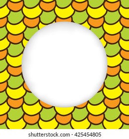 Greeting card background. Paper cut out, white shape with place for text. Frame seamless pattern. Summer hand drawn pattern. Bright and colorful abstract multicolored corn kernels. Summer pattern corn