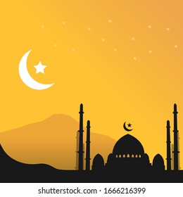 Greeting card background of Ramadan Kareem. Mosque and moon illustration landscape.