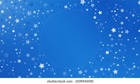 Greeting card with a background of stars of different sizes. Place for your text. Blue colour. Vector illustration.
