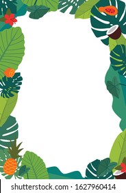 Greeting card background that displays a luxurious jungle with different leaves and plants that form a frame. Vector background for web banners and special event flyers.