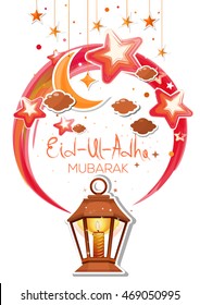 Greeting card for Bakr-Eid. Eid Al Adha mubarak poster with glowing lantern, hanging golden stars and crescent moon. Vector illustration