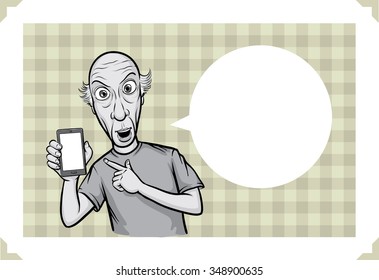Greeting card with bald man pointing at smartphone - just add your text