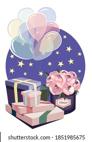 Greeting card. Balloons, a bouquet of peonies and gift boxes. Vector illustration.