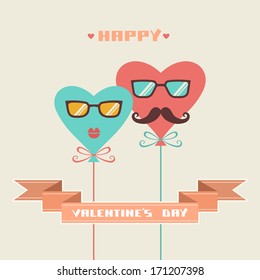 Greeting card  with balloons of color hearts, banner, inscription - Happy Valentine's Day. Romantic abstract cute decorative simple illustration. Comic hipster concept of couple enamored for wedding