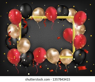 Greeting card with balloons, confetti, sparkles, serpentines, lights on the dark background and space for text. Banner for sales, events, birthdays, holidays. Vector.