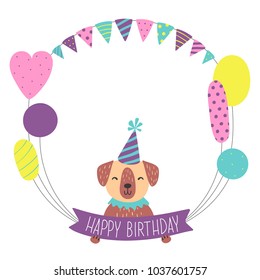 Greeting card with balloons, garland and cute dog. Vector illustration with hand drawn lettering "Happy Birthday"