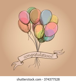 Greeting card with balloons. Hand drawn