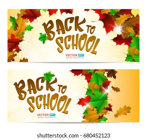 Greeting card or banner to 1 september isolated on white background. Vector background of autumn leaves with text: Back to school