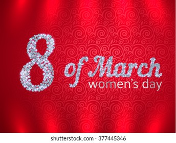 Greeting card or banner "8 of March" , International Women's Day. brilliant text 
on vintage background with lights.