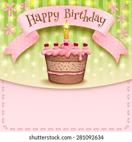 Greeting card with a banner and a birthday cake and candles
