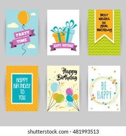 Greeting card banner, birthday, invitation social media card. Confetti, heart, star, peace, present, cake, party, hello. Vector illustration easy editable for design.