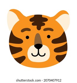 Greeting card or banner with cartoon funny tiger face. Vector flat hand drawn illustration