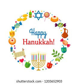 Greeting card or banner for the Chanukah festival of lights. Traditional symbols - dreidel, donuts, menorah, sweets, star of David. flat vector illustration isolated on white background