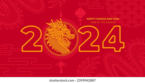 Greeting card, banner for Chinese New Year 2024 with Dragon, zodiac symbol of 2024 year on the pendant with traditional knot, numbers and text on red background. Vector illustration