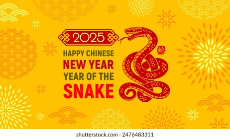 Greeting card, banner for Chinese New Year 2025, cartoon Snake, zodiac symbol of 2025 year, numbers, traditional patterns, text on yellow background. Chinese translation : Snake. Vector illustration