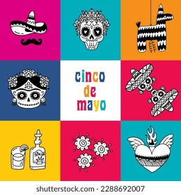 Greeting card or banner for Cinco de Mayo - May 5th, federal holiday in Mexico. Fiesta square poster design with traditional elements , flowers, heart, skulls, pinata, hat. Doodle vector illustration.