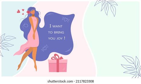 Greeting card, banner in delicate pink and trendy purple colors. Cute girl, woman with a gift and hearts. Caption. I want to bring you joy. Positive vector illustration. Flat style.