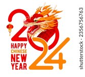 Greeting card, banner design for Chinese New Year 2024 with Dragon, zodiac symbol of 2024 year, numbers and text on red background. Translation of hieroglyph on lantern Dragon. Vector illustration
