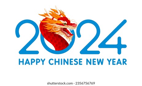 Greeting card, banner design for Chinese New Year 2024 with Dragon, zodiac symbol of 2024 year, numbers and congrats text isolated on white background.  Vector illustration