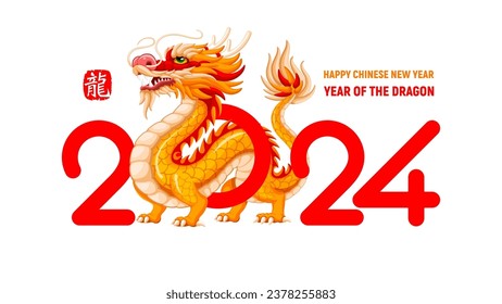 Grußkarte, Banner-Design für chinesisches Neujahr 2024 mit Cartoon Dragon, Symbol für 2024 Jahr, Zahlen und Text einzeln auf weißem Hintergrund. Übersetzung des Hieroglyph-Drachen. Vektorgrafik