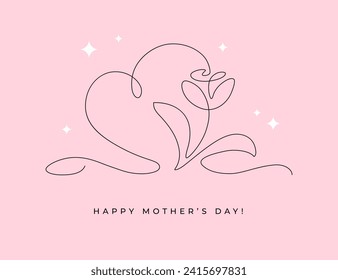 Greeting card or banner design for Mother's Day, Women's or Valentine's Day with elegant continuous monoline flower and heart shape illustration.