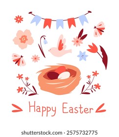 Greeting card, banner for Easter. Nest with eggs, flowers, birds, flags.